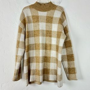 Ann Taylor Loft‎ Sweater Pullover Buffalo Plaid Cream Beige Tan White Turtleneck